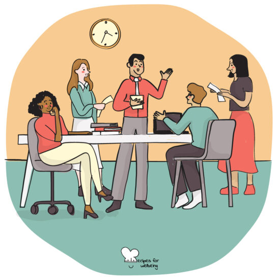 Illustration of 5 people sitting or standing around a table in an office setting. © Recipes for Wellbeing