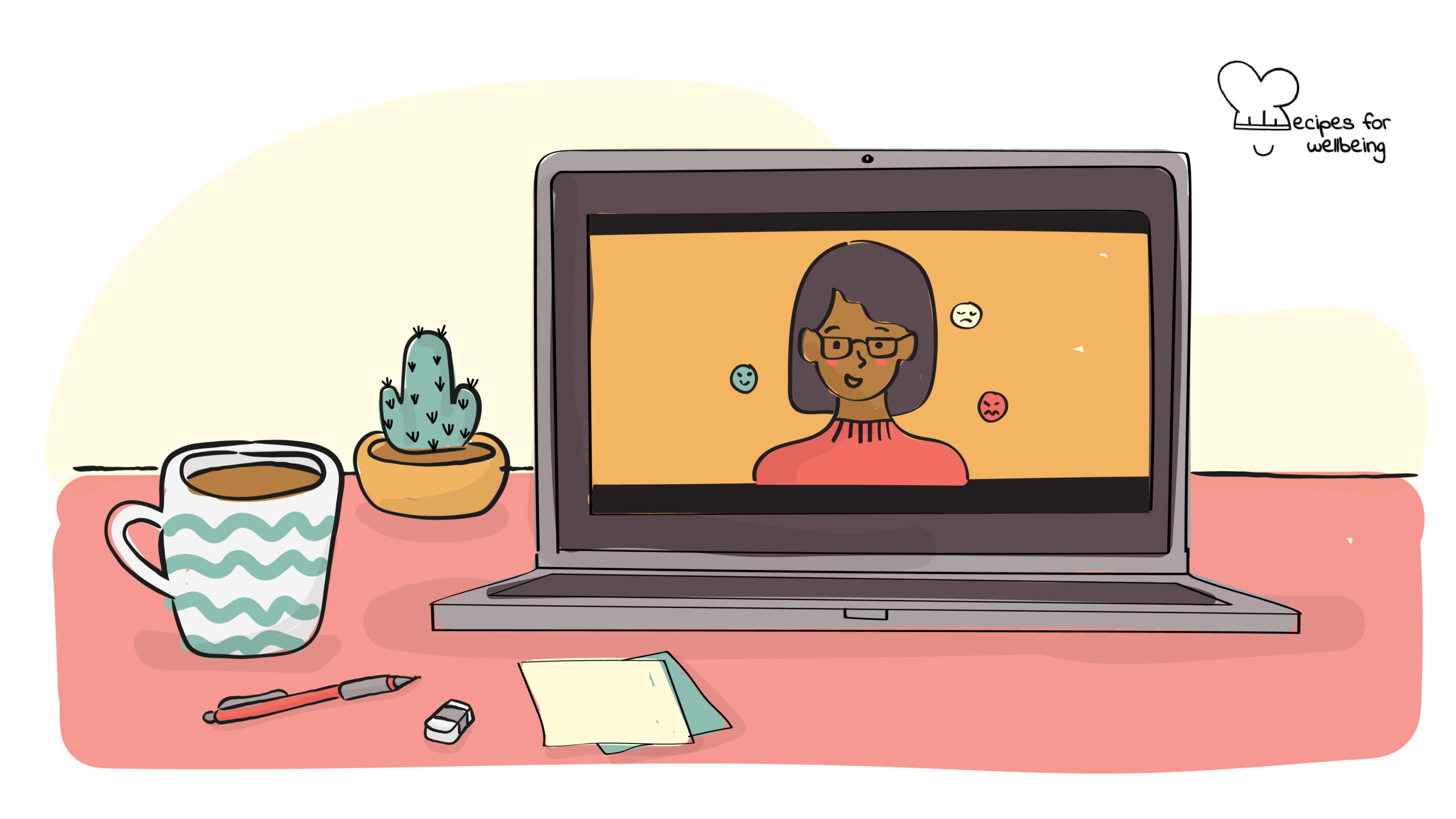 Illustration of laptop on a desk playing a video with a person speaking. © Recipes for Wellbeing