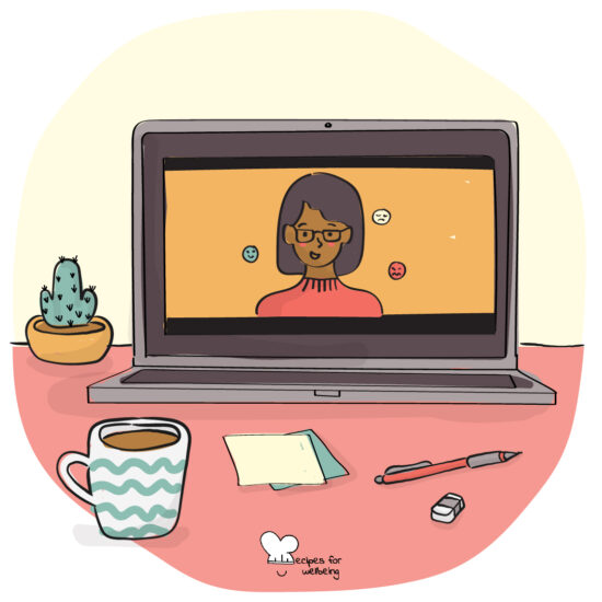 Illustration of laptop on a desk playing a video with a person speaking. © Recipes for Wellbeing