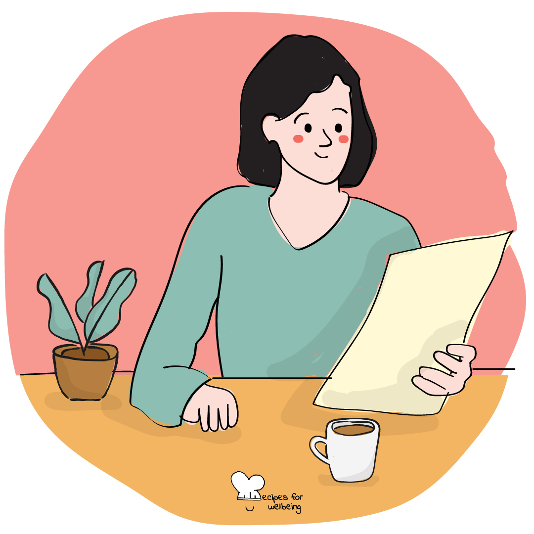 Illustration of a person sitting at a desk and reading off a sheet of paper. © Recipes for Wellbeing