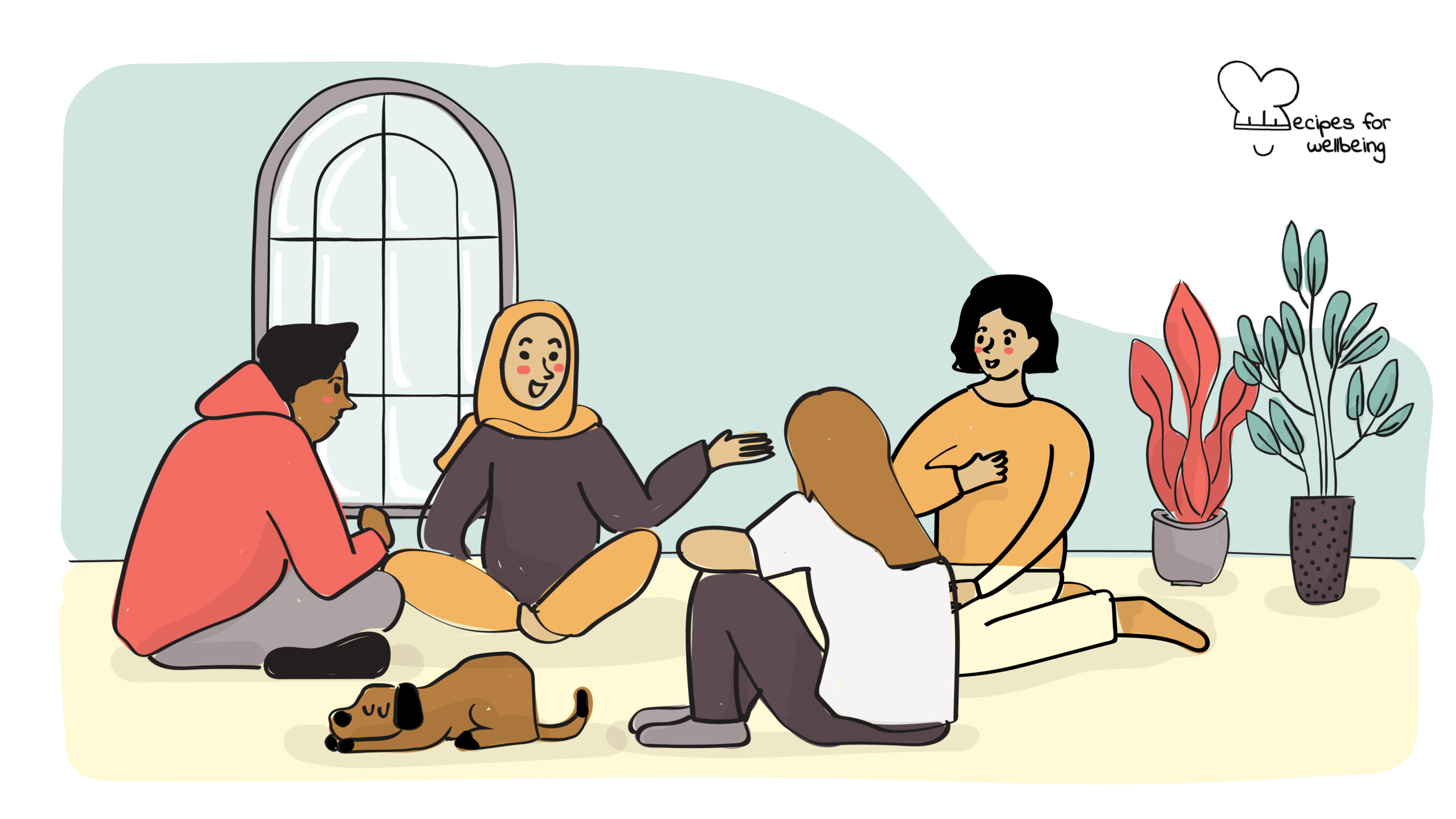 Illustration of a group of 4 people (and a dog) sitting in a circle on the floor. © Recipes for Wellbeing