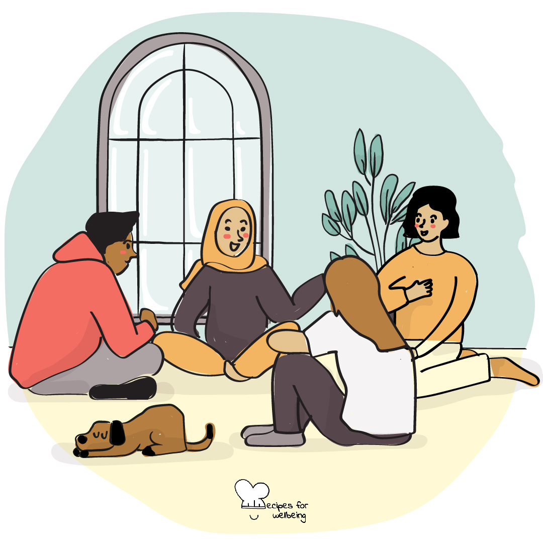 Illustration of a group of 4 people (and a dog) sitting in a circle on the floor. © Recipes for Wellbeing