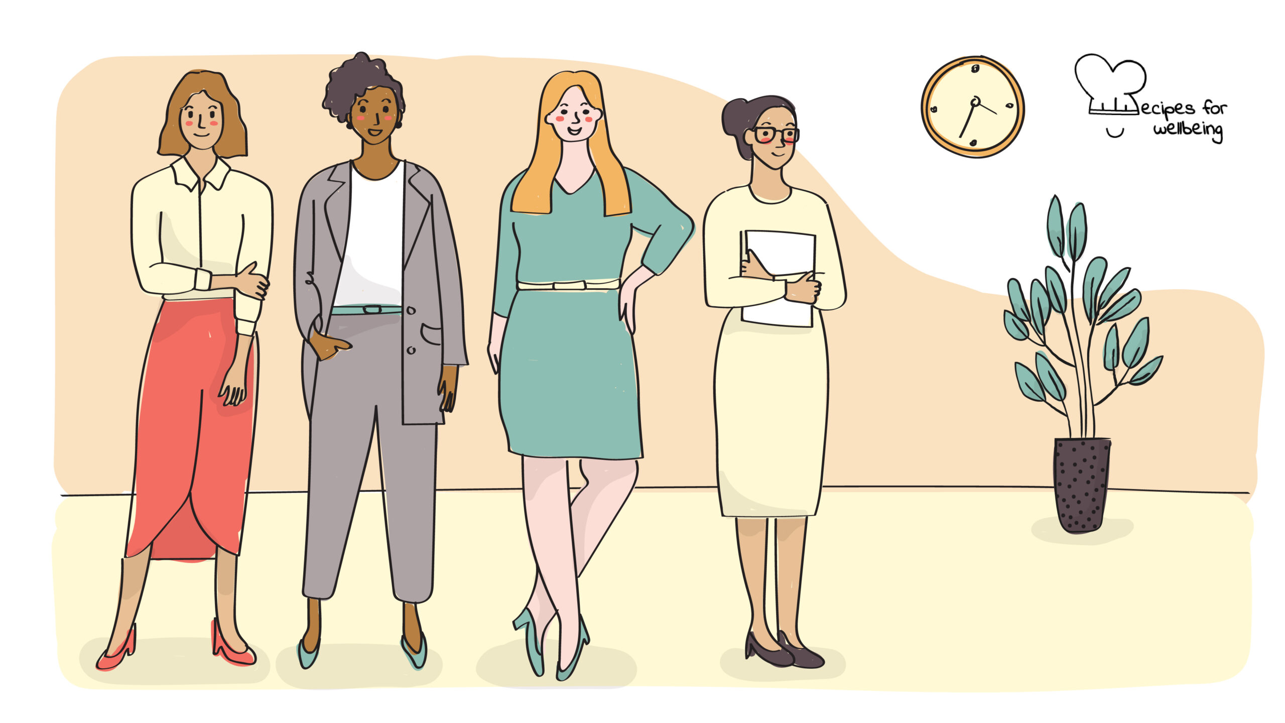 Illustration of a group of 4 womxn in work attire standing next to each other. © Recipes for Wellbeing
