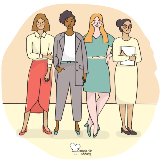 Illustration of a group of 4 womxn in work attire standing next to each other. © Recipes for Wellbeing