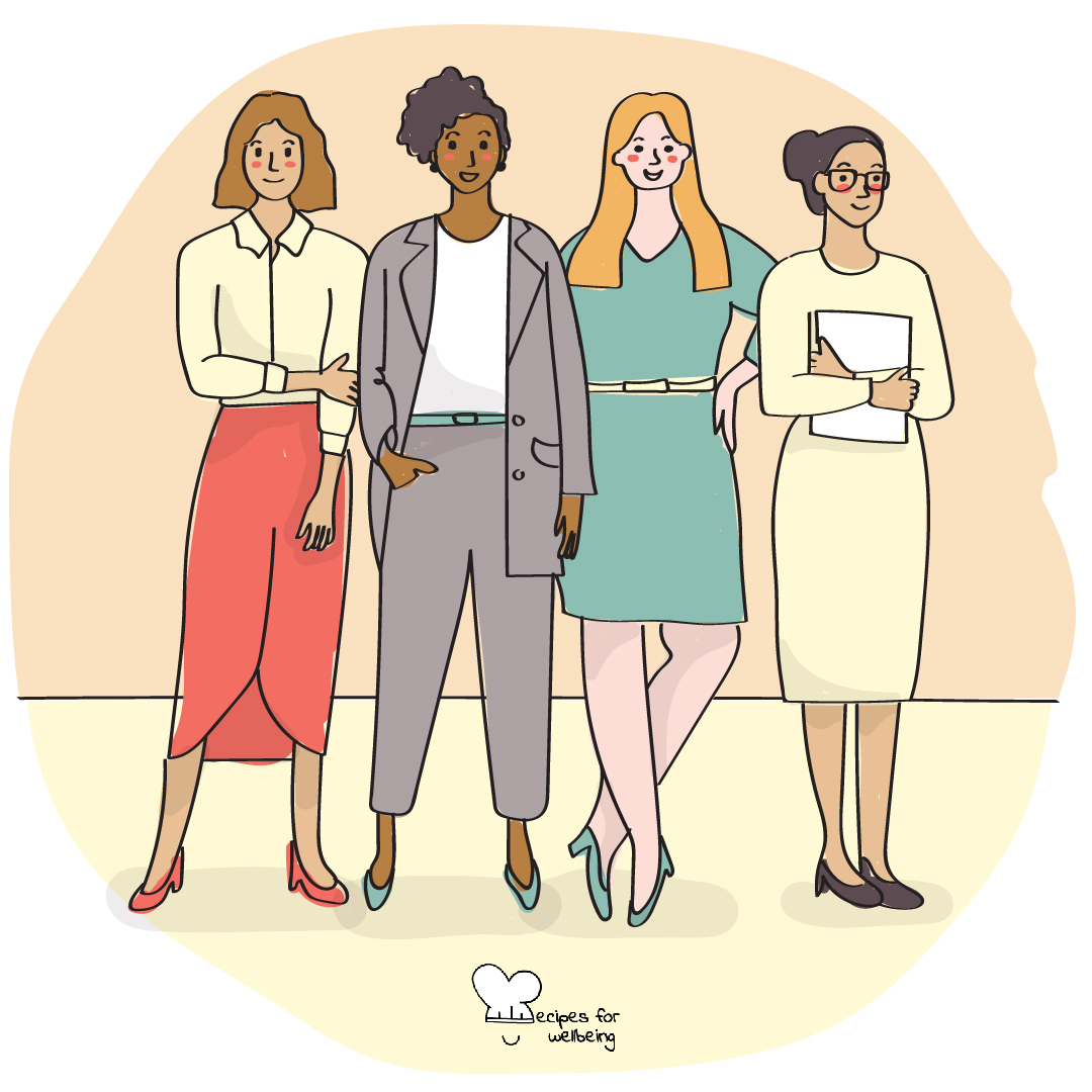 Illustration of a group of 4 womxn in work attire standing next to each other. © Recipes for Wellbeing
