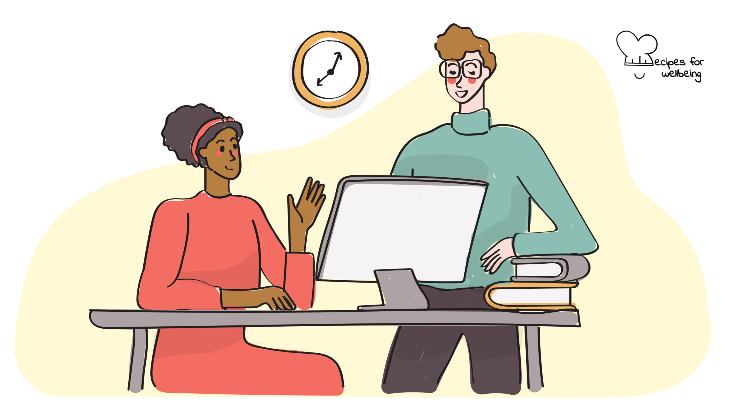 Illustration of 2 people in a work setting, one sitting in front of a computer and the other one standing next to them. © Recipes for Wellbeing