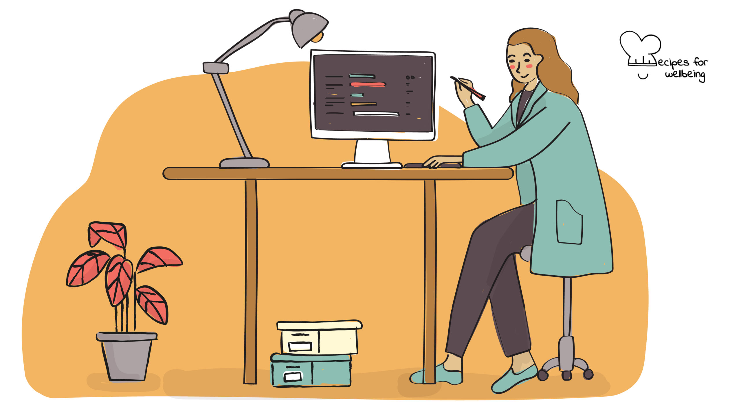 Illustration of a person sitting at a desk and working in front of a computer. © Recipes for Wellbeing