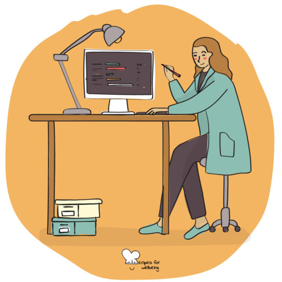 Illustration of a person sitting at a desk and working in front of a computer. © Recipes for Wellbeing