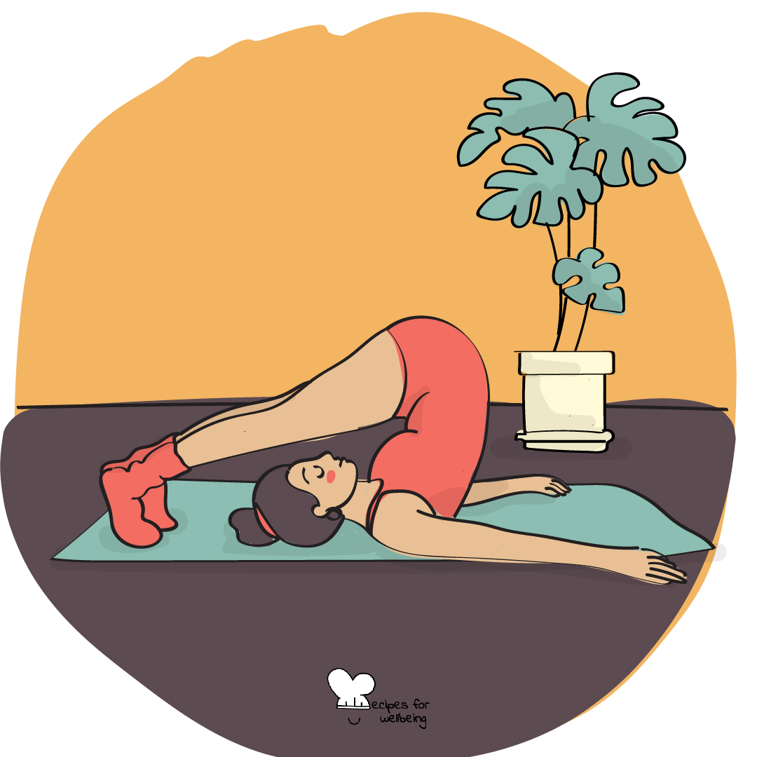 Illustration of a womxn in Halasana (or plow pose). © Recipes for Wellbeing