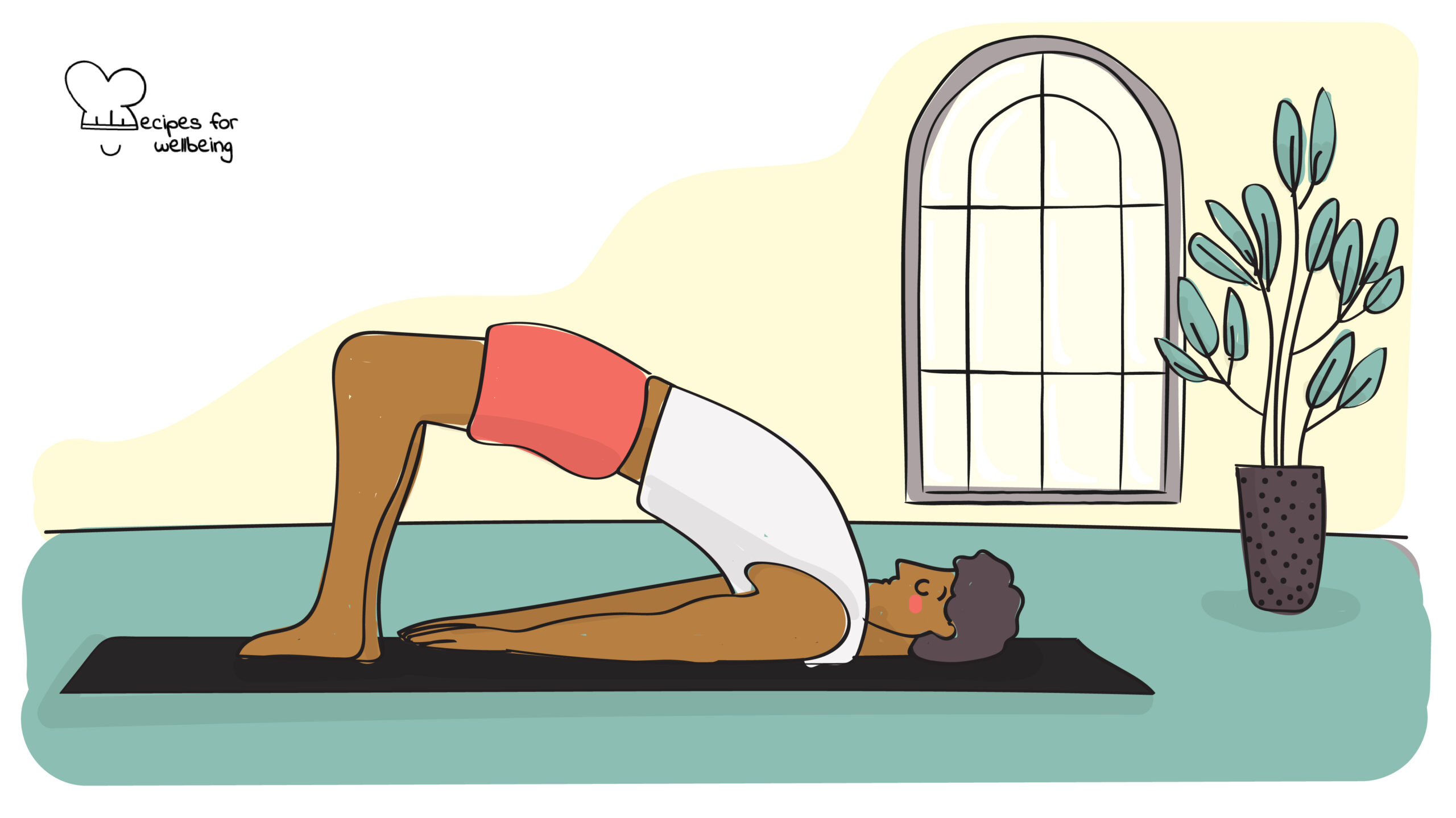 Illustration of a person in Setu Bandha Sarvangasana (or bridge pose). © Recipes for Wellbeing