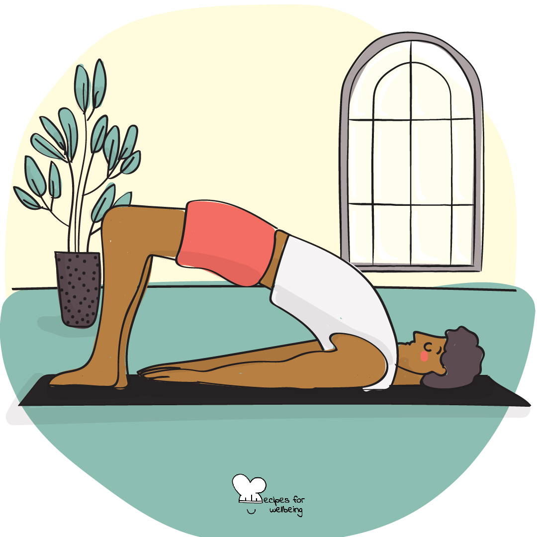 Illustration of a person in Setu Bandha Sarvangasana (or bridge pose). © Recipes for Wellbeing