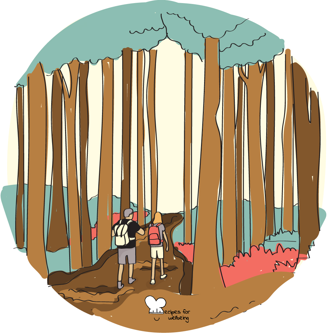 Illustration of two people walking in the woods. © Recipes for Wellbeing
