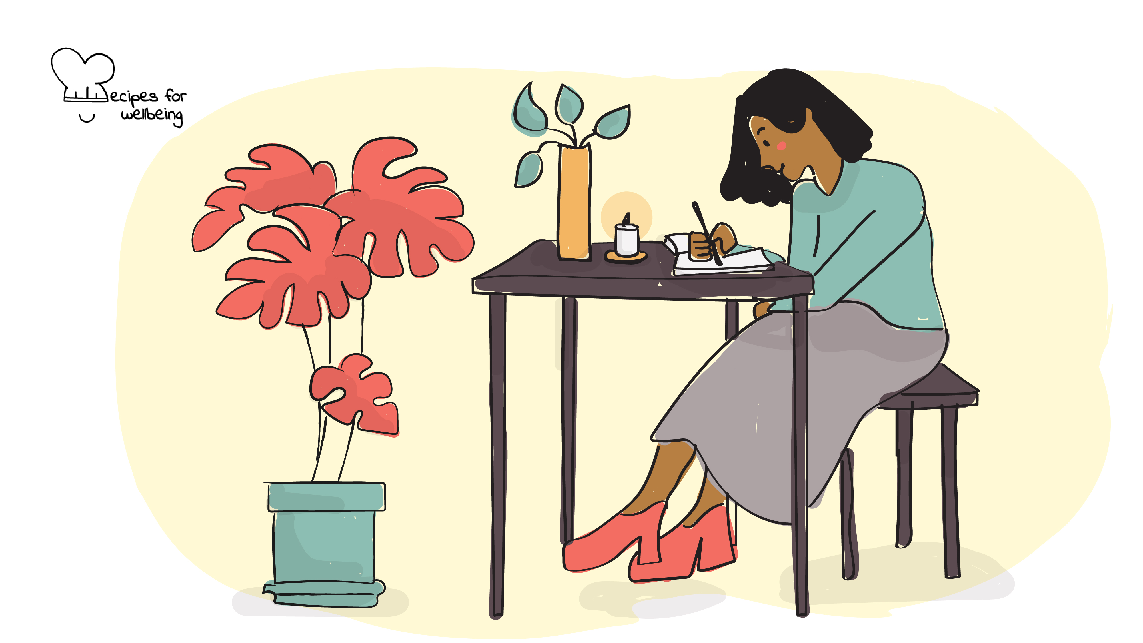 Illustration of a person sitting on a stool behind a desk and writing in a notebook. © Recipes for Wellbeing