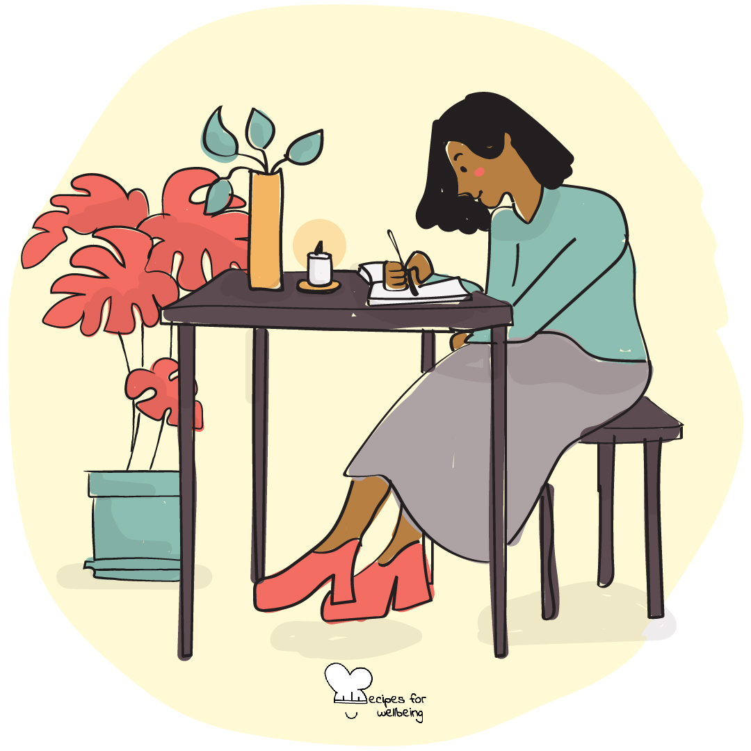 Illustration of a person sitting on a stool behind a desk and writing in a notebook. © Recipes for Wellbeing