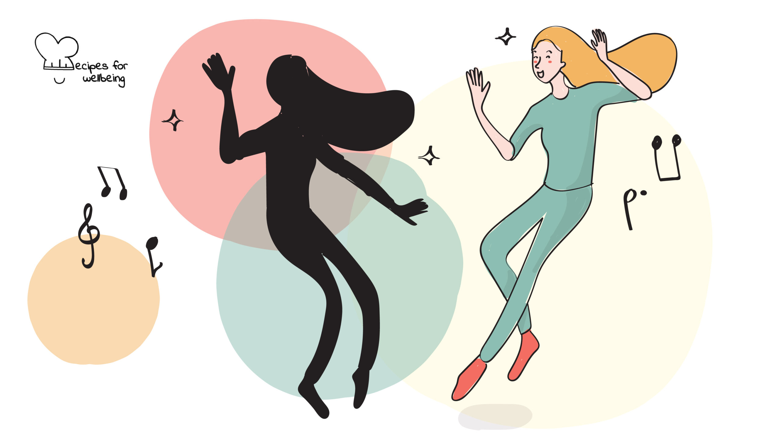 Illustration of a person dancing with their shadow. © Recipes for Wellbeing