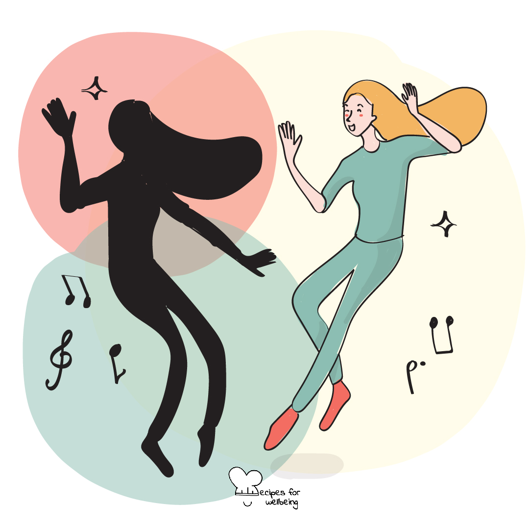 Illustration of a person dancing with their shadow. © Recipes for Wellbeing