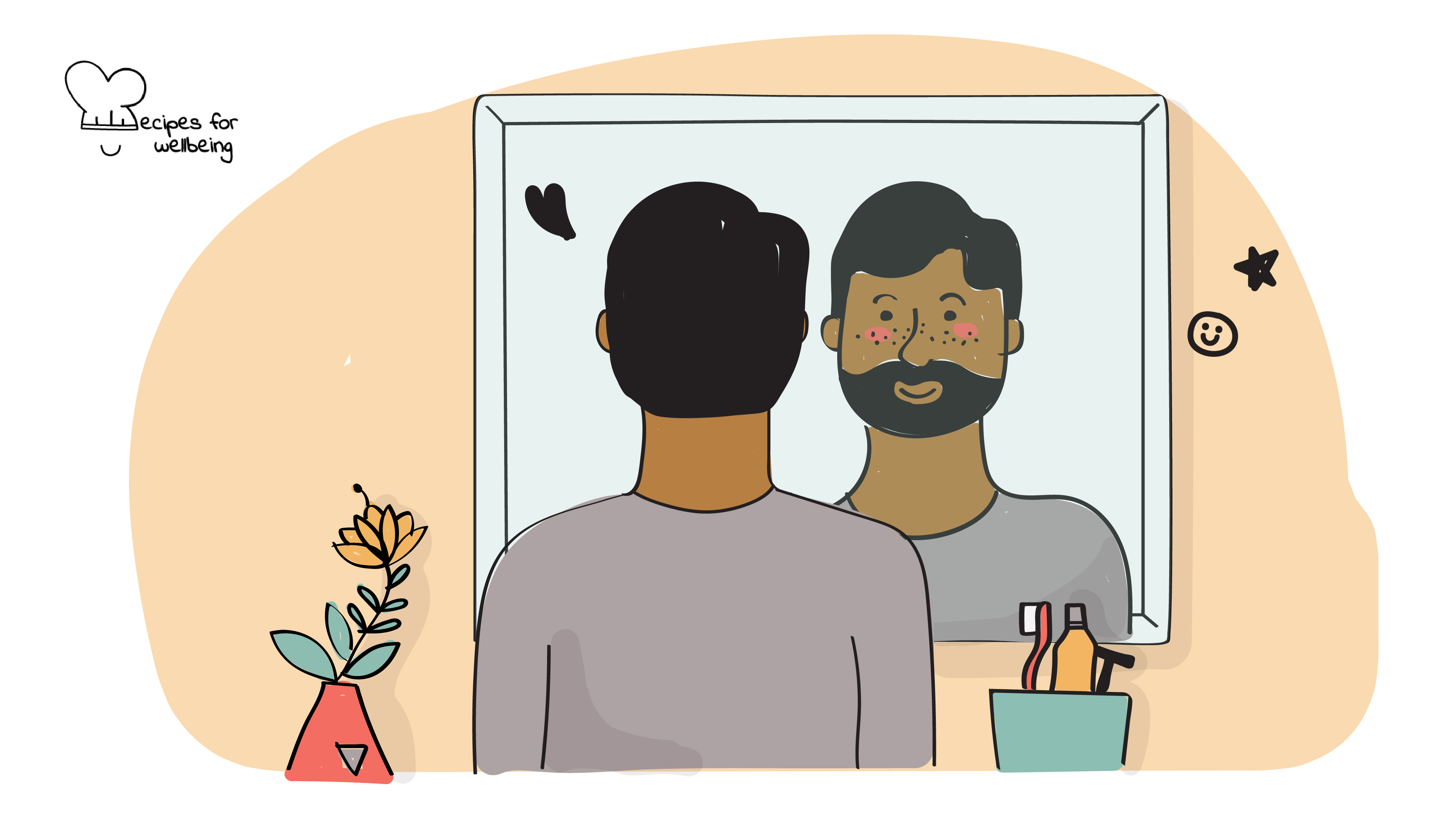 Illustration of a person looking at their reflection in a mirror. © Recipes for Wellbeing