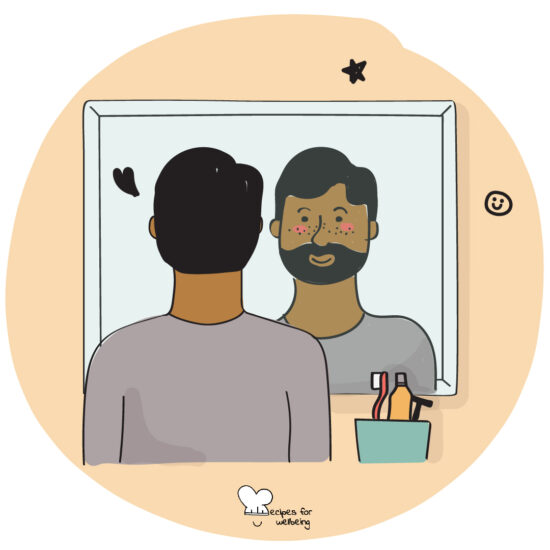 Illustration of a person looking at their reflection in a mirror. © Recipes for Wellbeing