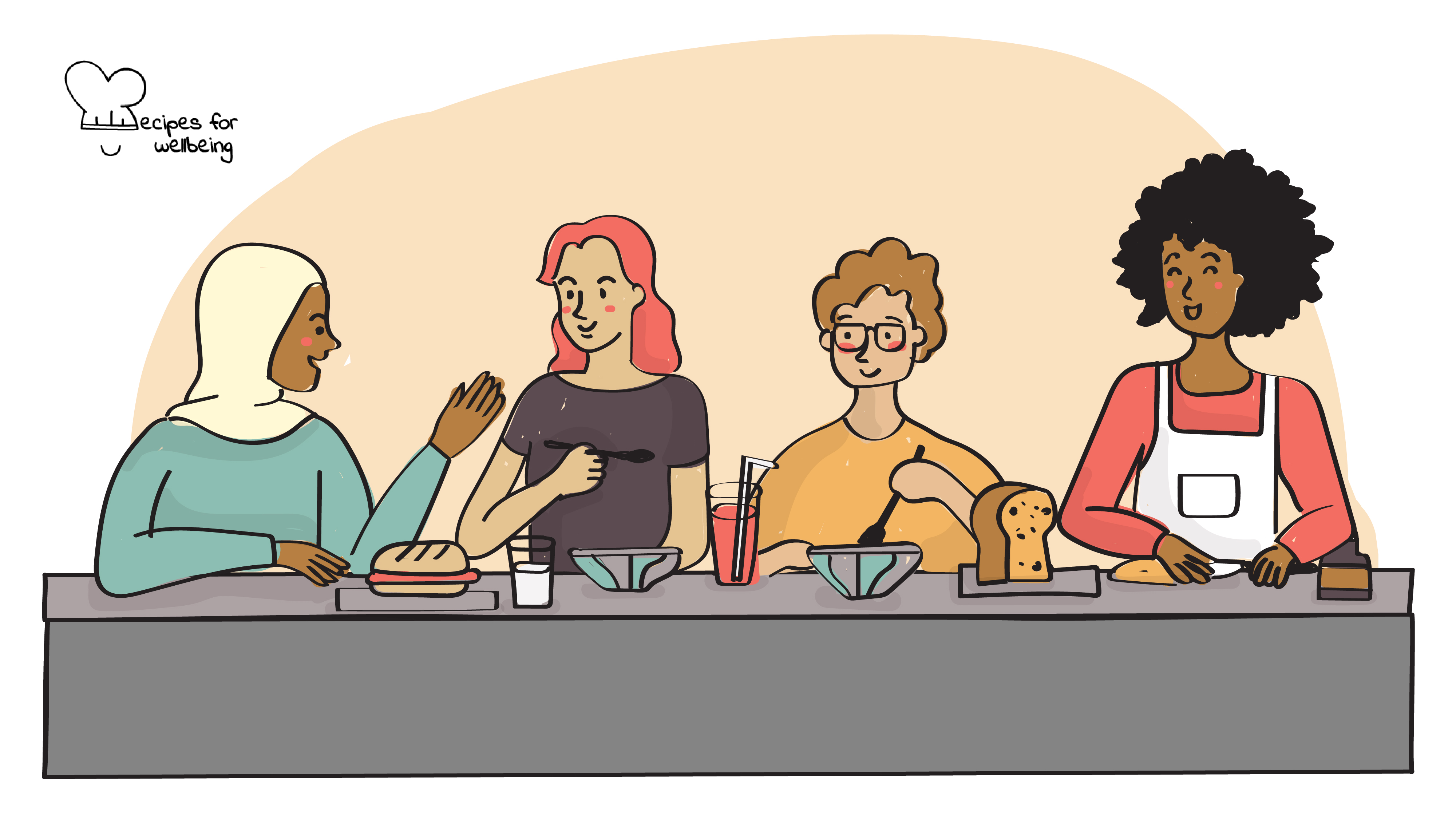 Illustration of 4 people talking to each other over a shared meal. © Recipes for Wellbeing