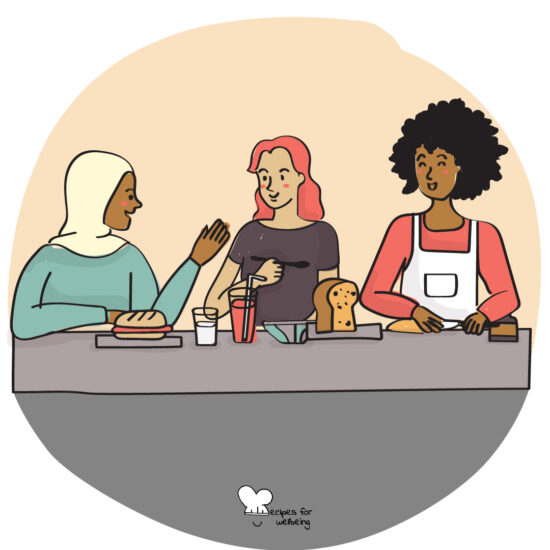 Illustration of 3 people talking to each other over a shared meal. © Recipes for Wellbeing