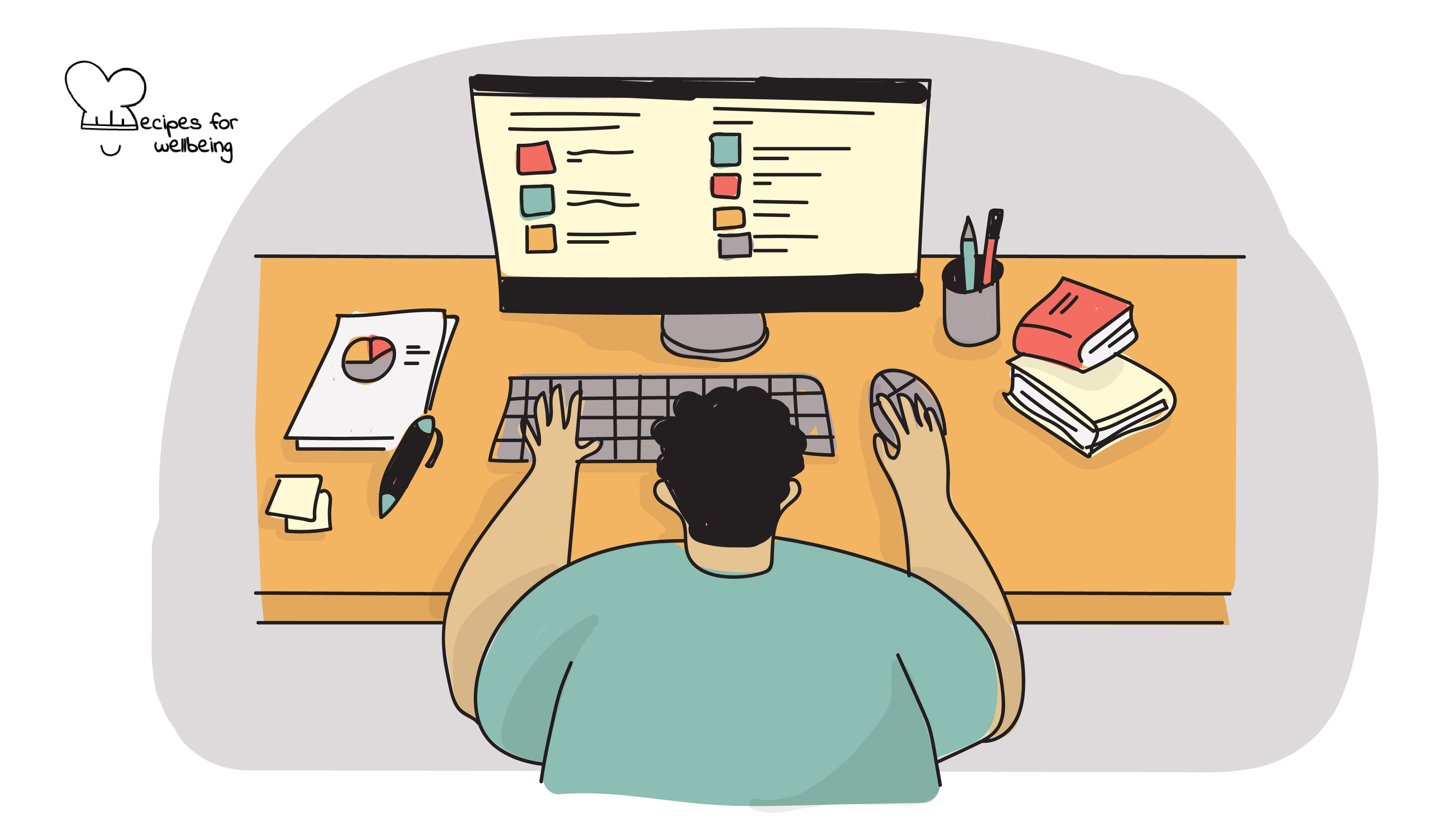 Illustration of a person sitting at their desk and working on a desktop PC. © Recipes for Wellbeing