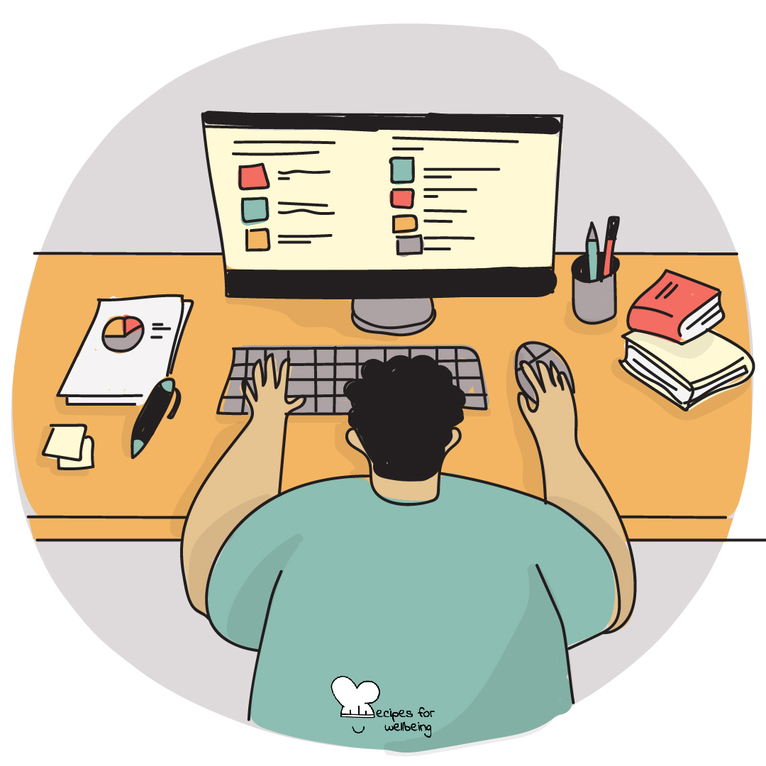 Illustration of a person sitting at their desk and working on a desktop PC. © Recipes for Wellbeing