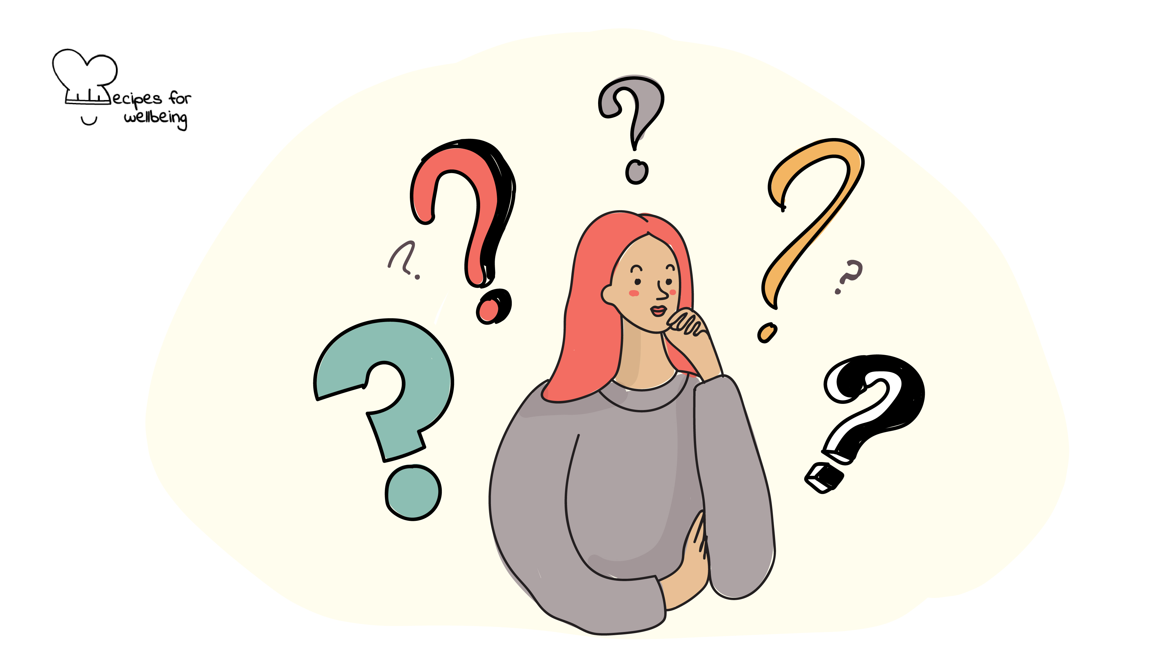 Illustration of a person surrounded by question marks to indicate a pensive mood. © Recipes for Wellbeing