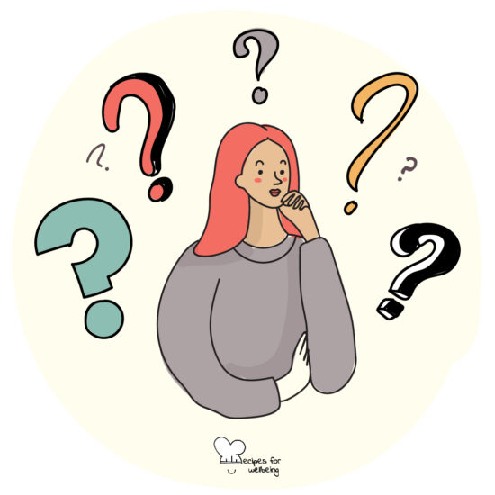 Illustration of a person surrounded by question marks to indicate a pensive mood. © Recipes for Wellbeing