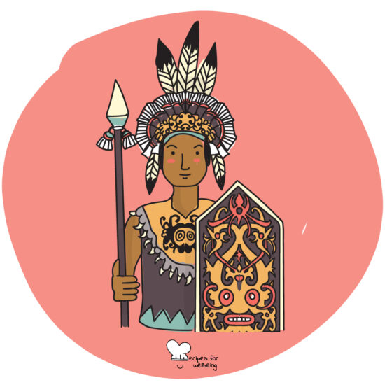 Illustration of an indigenous person from the Dayak tribe in Indonesia. © Recipes for Wellbeing