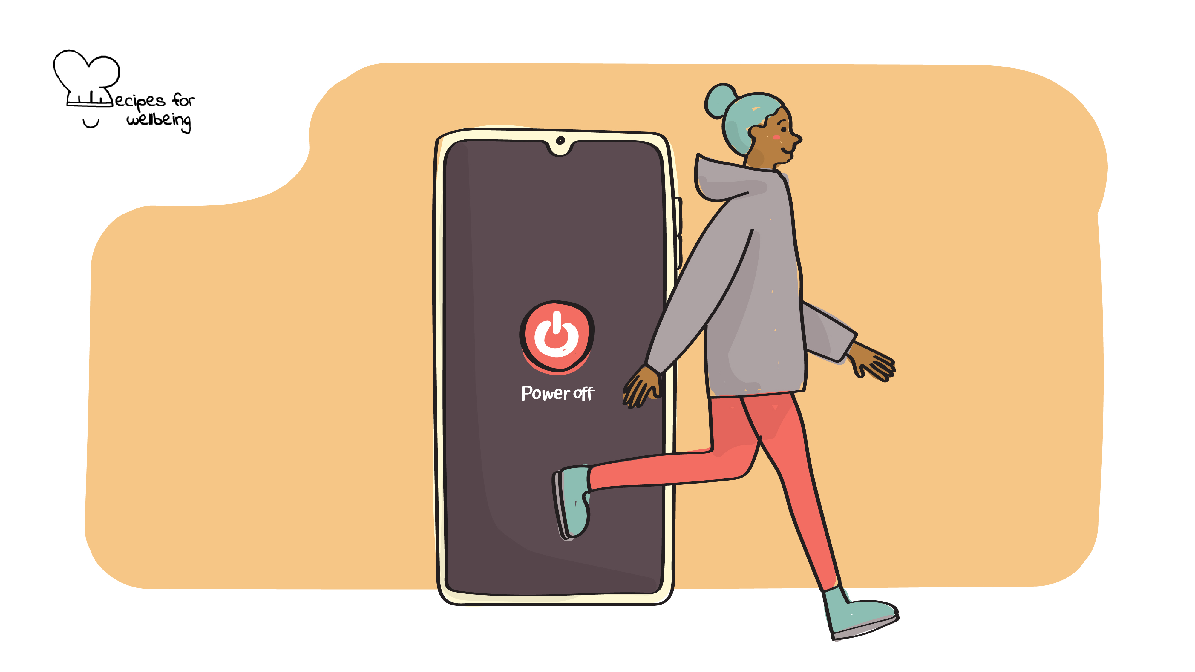 Illustration of a person walking away from a giant smartphone (turned off). © Recipes for Wellbeing