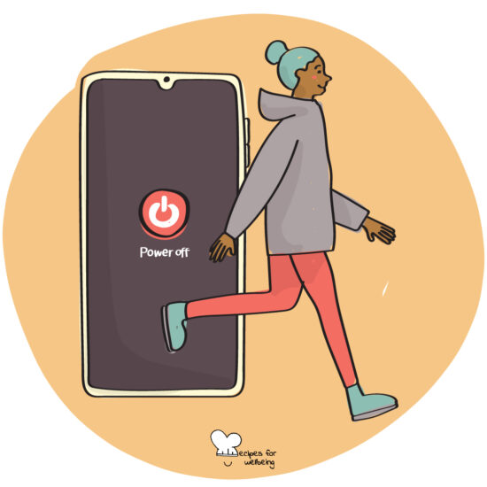 Illustration of a person walking away from a giant smartphone (turned off). © Recipes for Wellbeing
