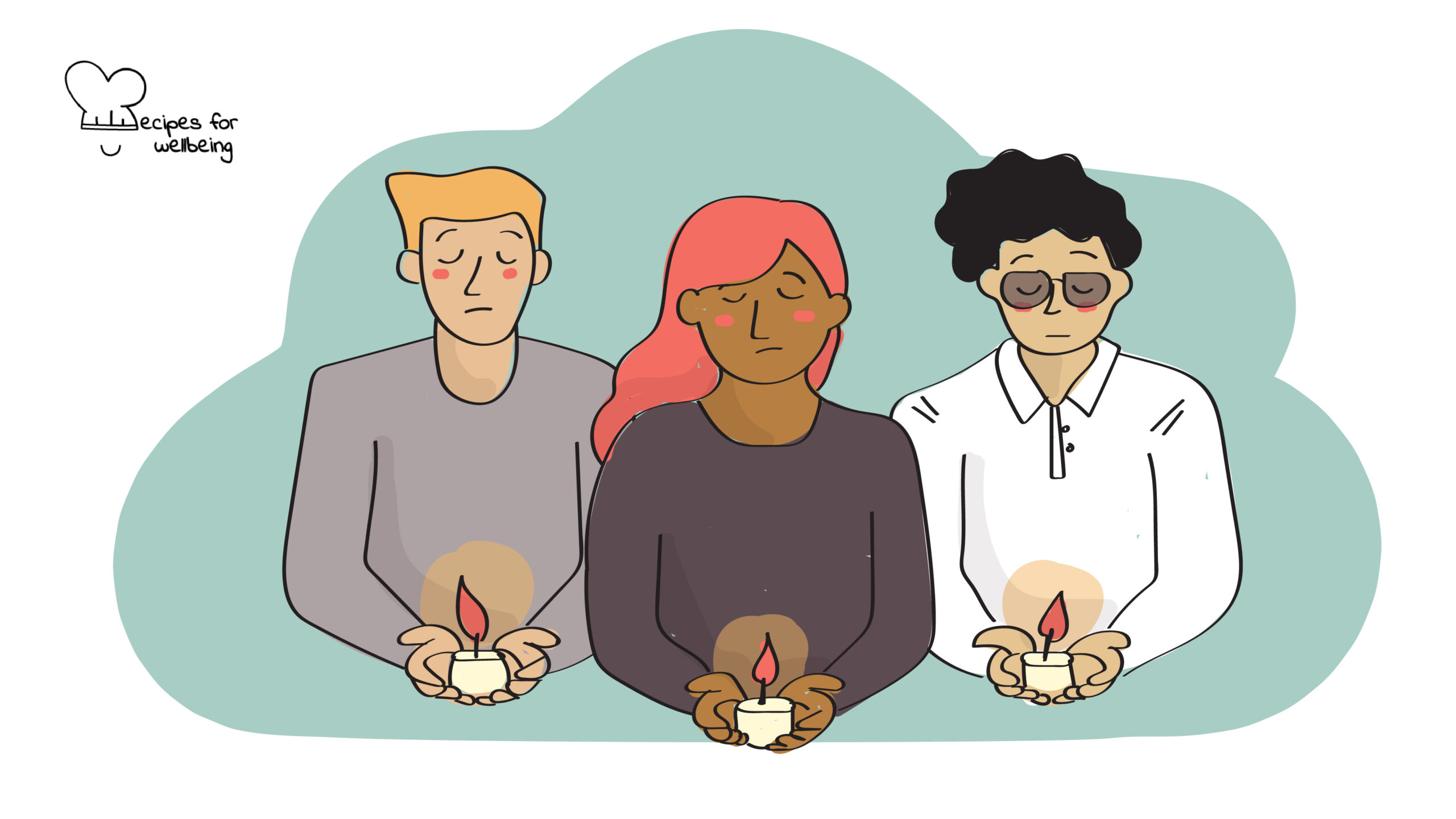 Illustration of three people grieving and holding a candle in their hands. © Recipes for Wellbeing