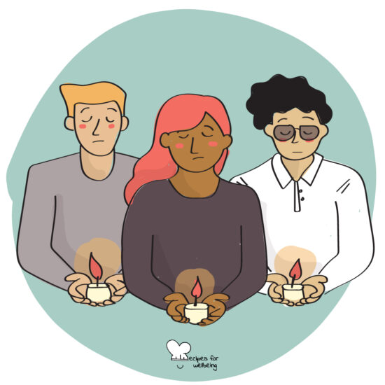 Illustration of three people grieving and holding a candle in their hands. © Recipes for Wellbeing