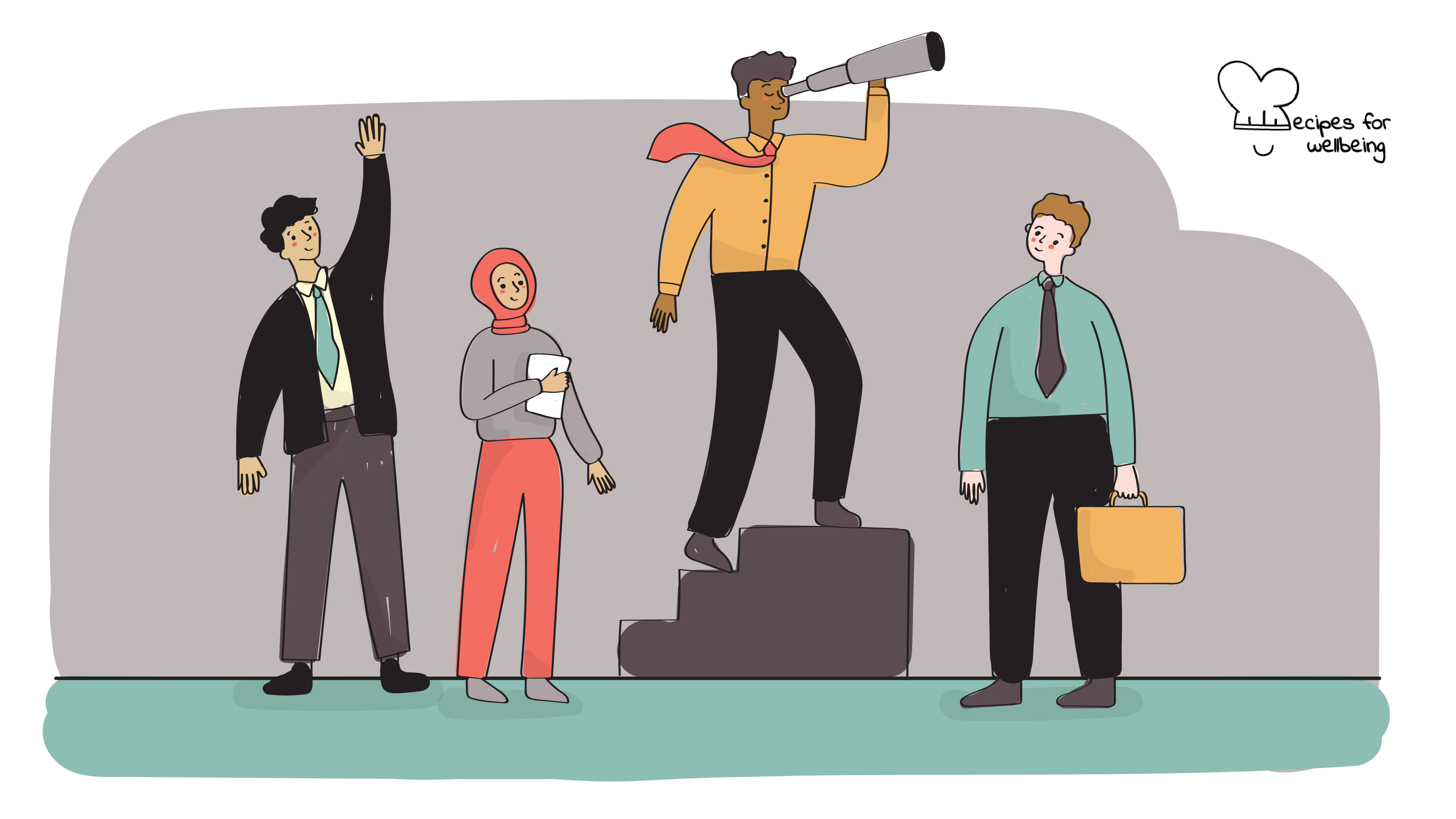 Illustration of four workers with one on top of a pedestal looking into a monocular. © Recipes for Wellbeing