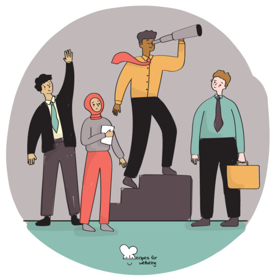 Illustration of four workers with one on top of a pedestal looking into a monocular. © Recipes for Wellbeing