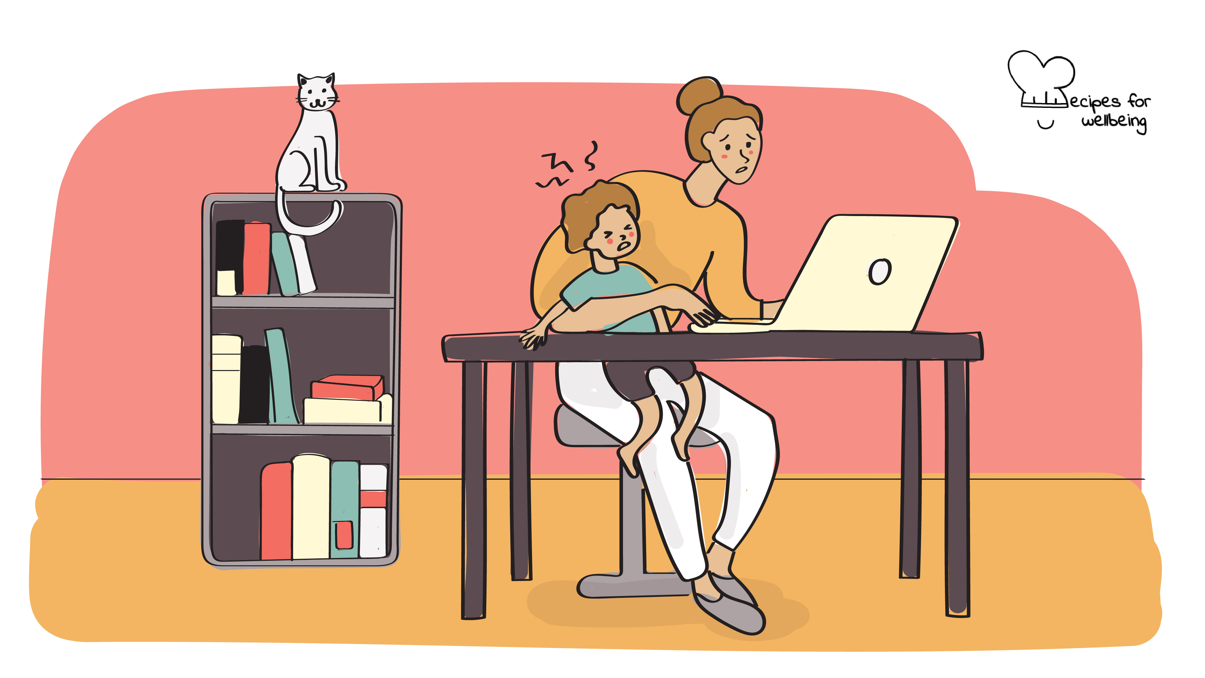 Illustration of a person in distress working from home with a child on their lap. © Recipes for Wellbeing