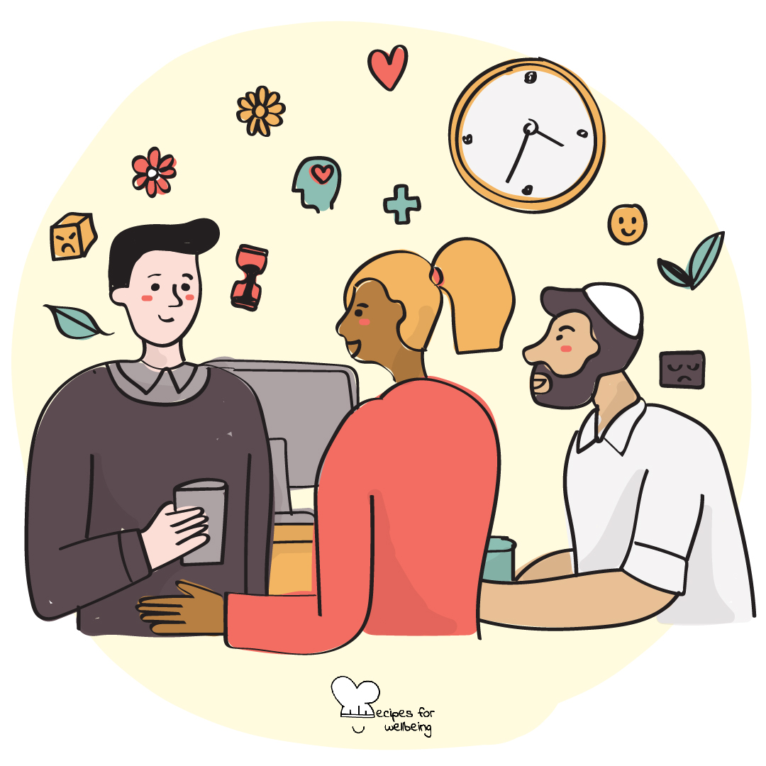 Illustration of three people talking to each other. © Recipes for Wellbeing