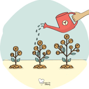 Illustration of a person's hand watering (with a watering can) three plants with "coins" as leaves. © Recipes for Wellbeing