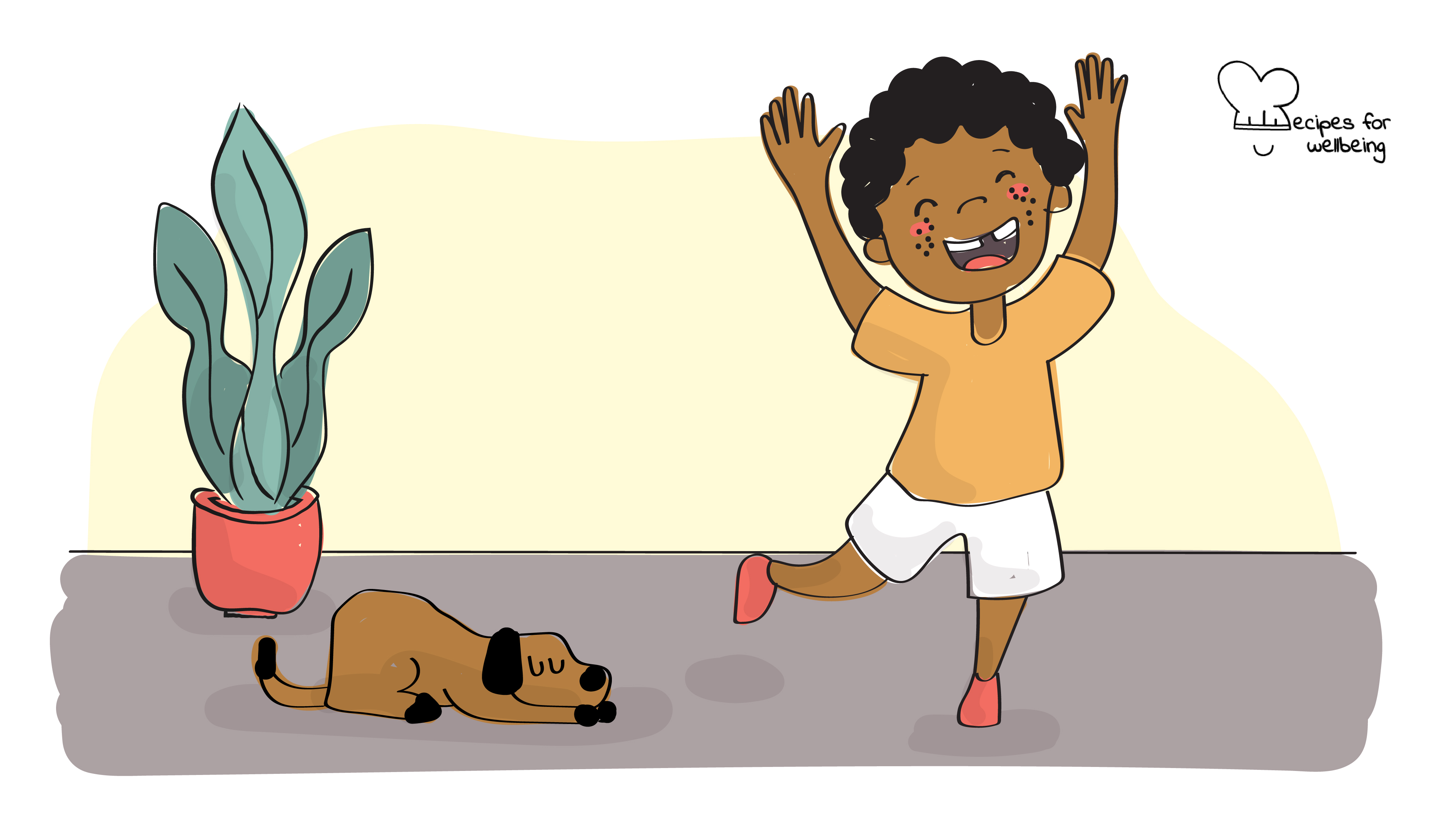 Illustration of a child in a cheerful pose with a sleeping dog and a plant by the side. © Recipes for Wellbeing