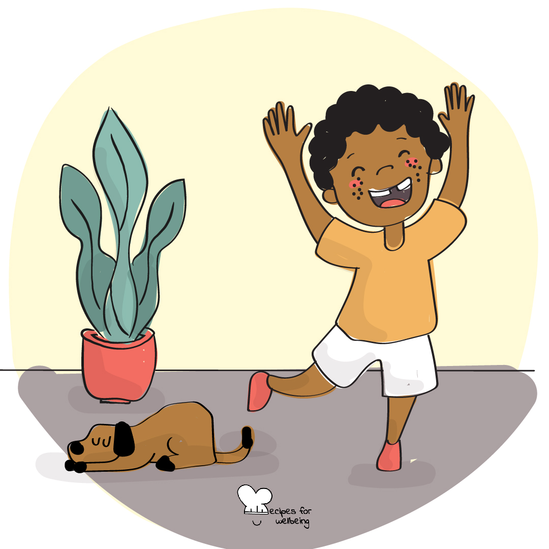 Illustration of a child in a cheerful pose with a sleeping dog and a plant by the side. © Recipes for Wellbeing