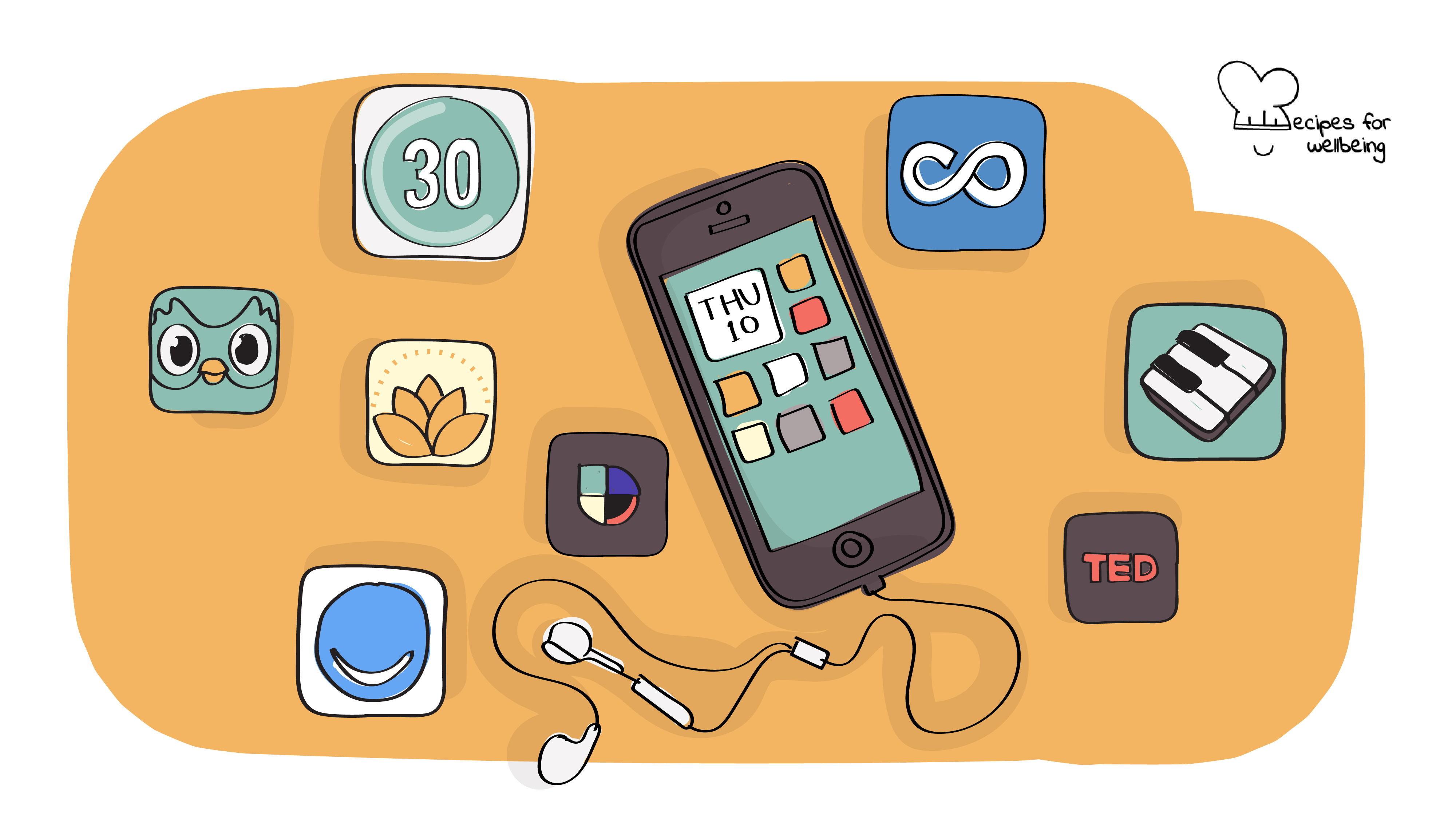 Illustration of a smartphone surrounded by different app icons. © Recipes for Wellbeing