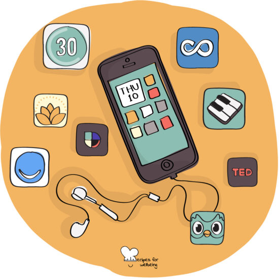 Illustration of a smartphone surrounded by different app icons. © Recipes for Wellbeing