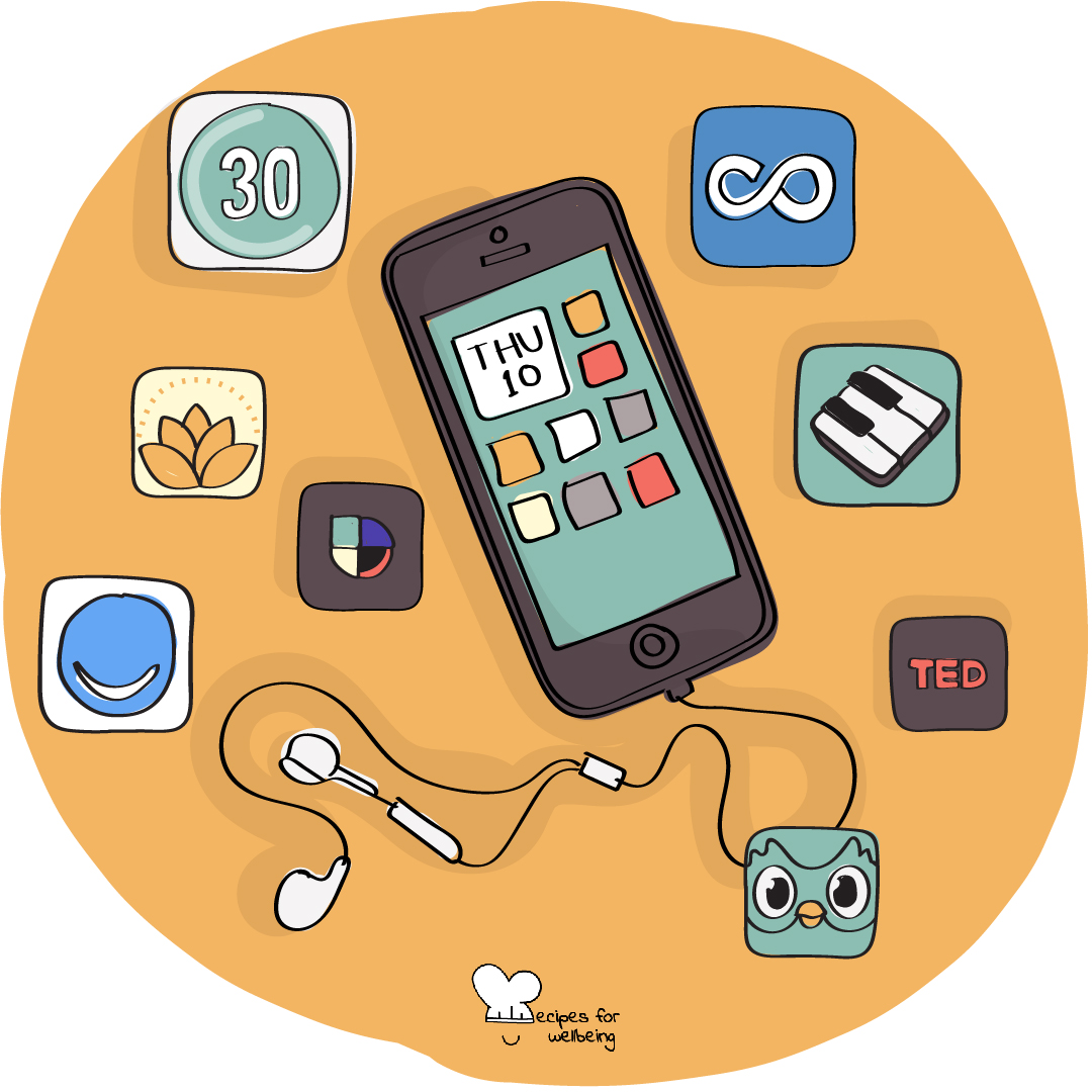 Illustration of a smartphone surrounded by different app icons. © Recipes for Wellbeing