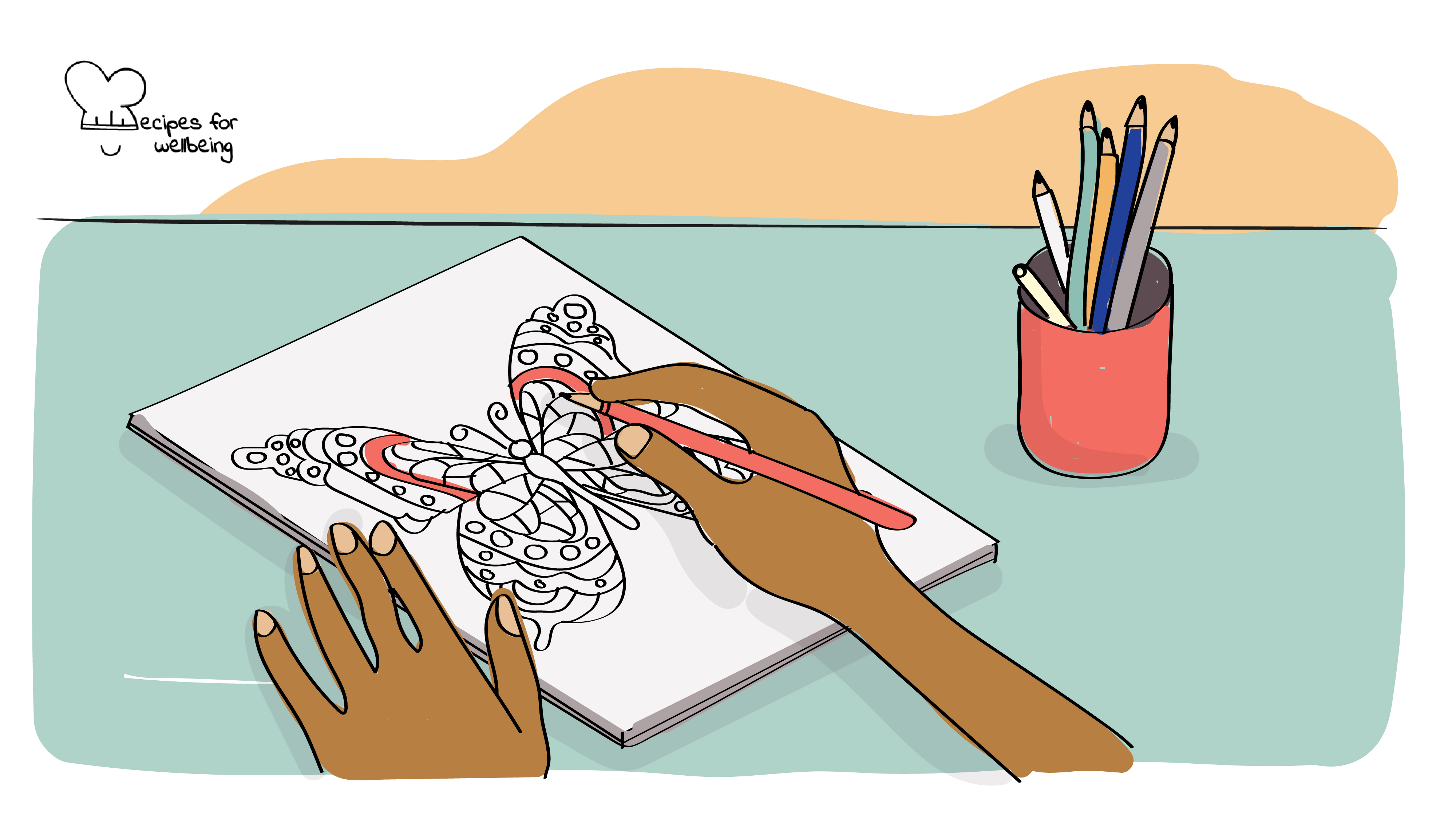 Illustration of a person's hand colouring a butterfly on a sheet of paper. © Recipes for Wellbeing