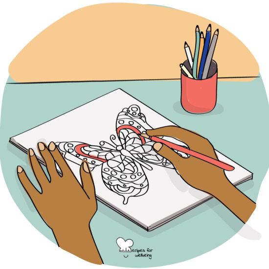 Illustration of a person's hand colouring a butterfly on a sheet of paper. © Recipes for Wellbeing