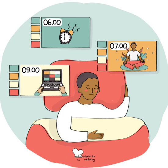 Illustration of a person sleeping in bed with three "slides" capturing different elements of their day. © Recipes for Wellbeing