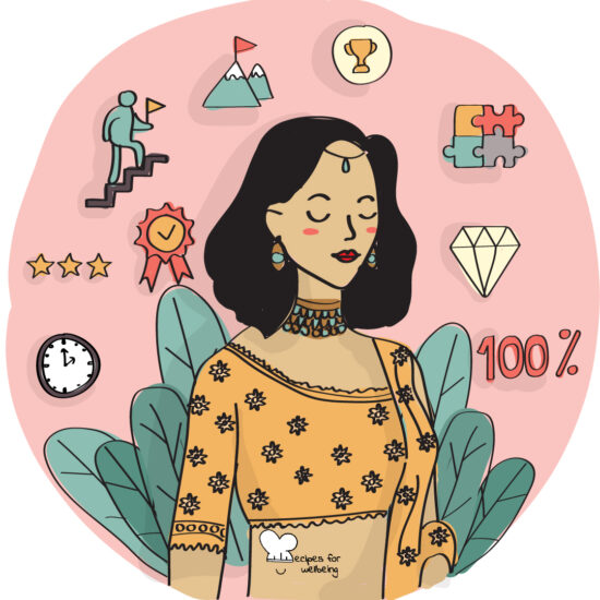 Illustration of a person standing with their eyes closed surrounded by a few icons (a clock, three stars, a completion badge, a person climbing stairs, a flag at the top of a mountain, a trophy, four pieces of a jigsaw puzzle, a diamond, and 100%). © Recipes for Wellbeing