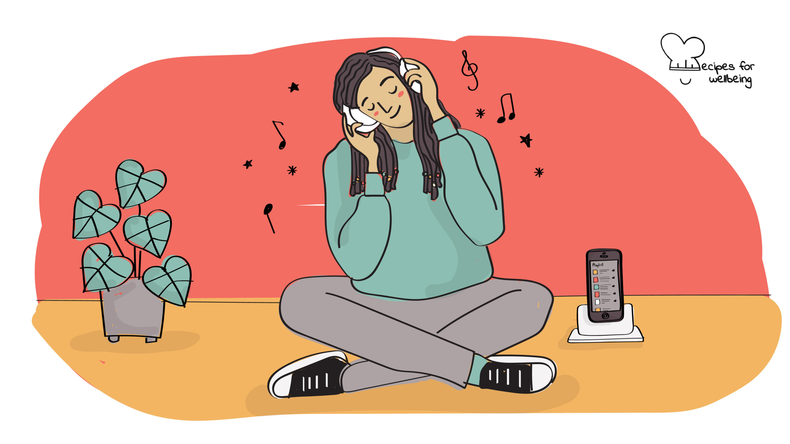 Illustration of a person sitting crosslegged while listening to music. © Recipes for Wellbeing