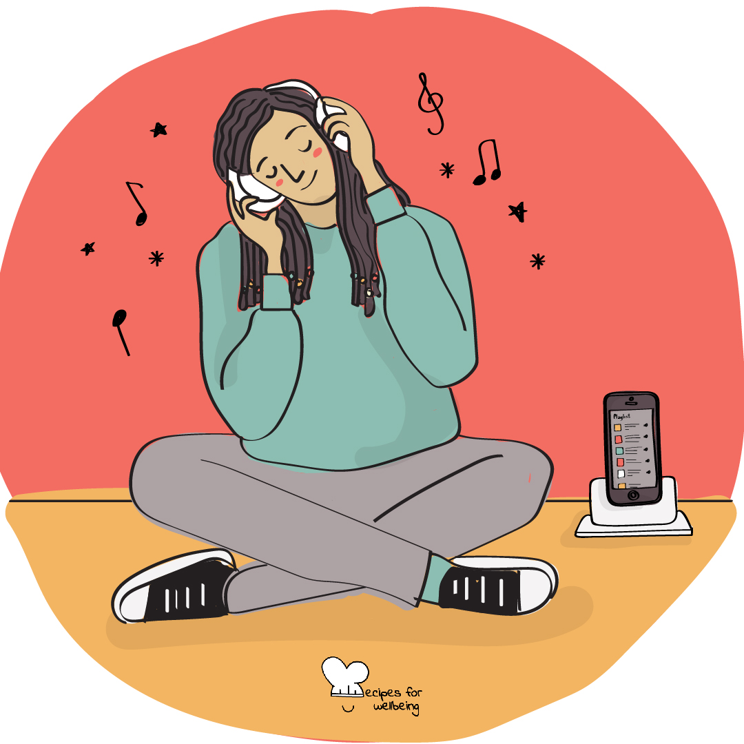 Illustration of a person sitting crosslegged while listening to music. © Recipes for Wellbeing