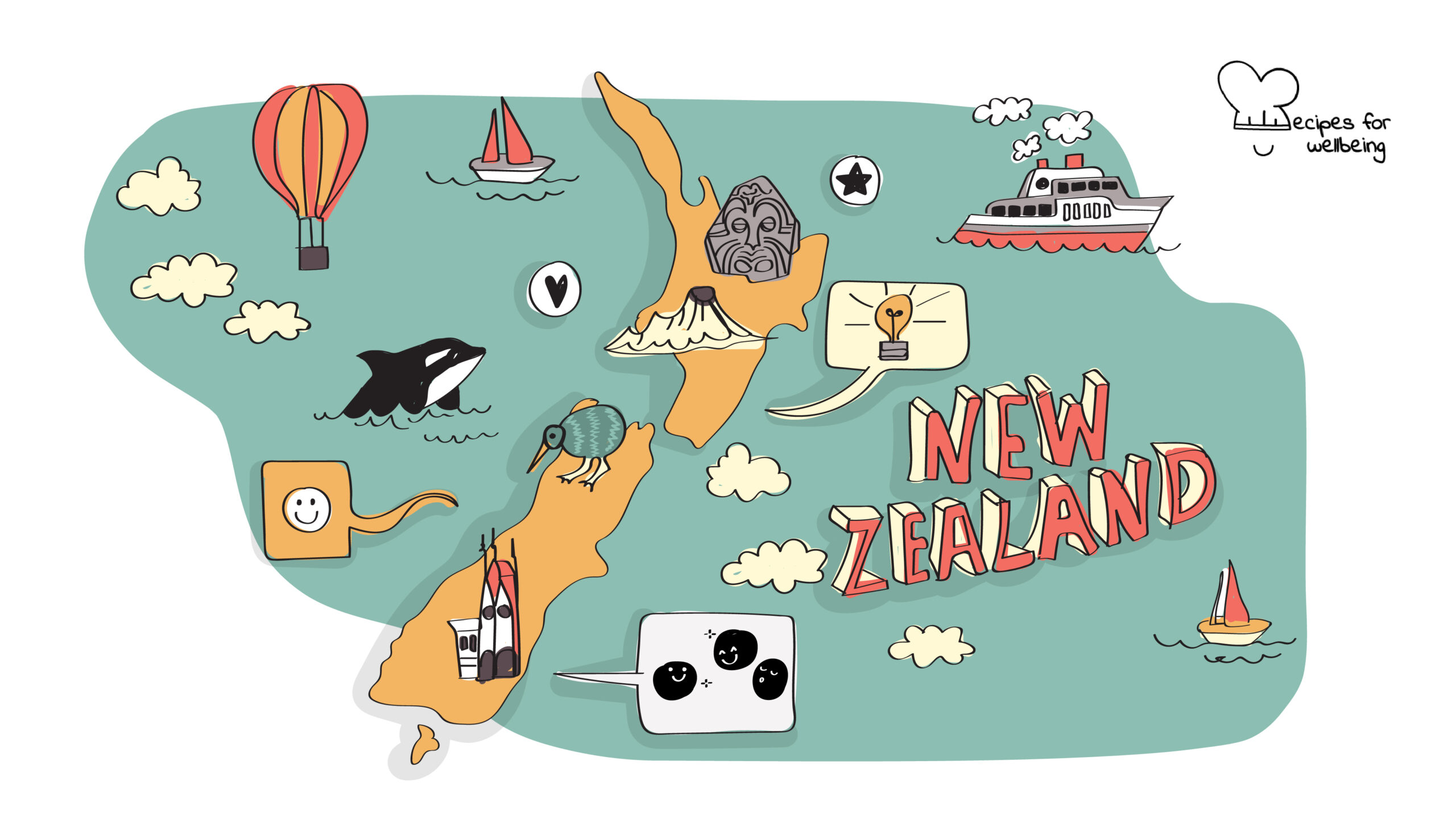 Illustration of a map of New Zealand with a few icons (such as a hot air balloon, a ferry, a sailing boat, a vulcano, etc.). © Recipes for Wellbeing